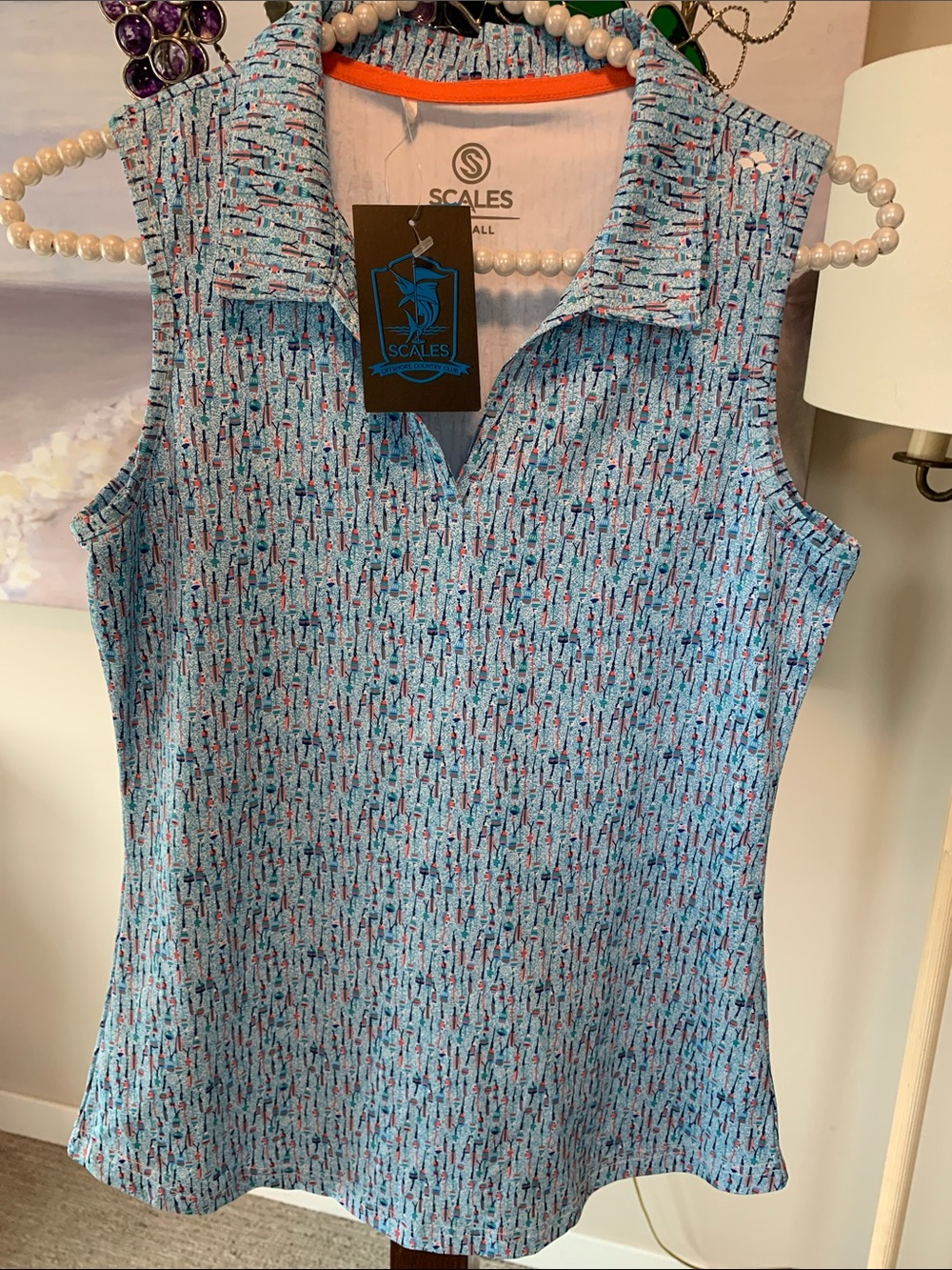 NWT SCALES Sleeveless Polo Tank in Light Blue Buoy Design Size XS